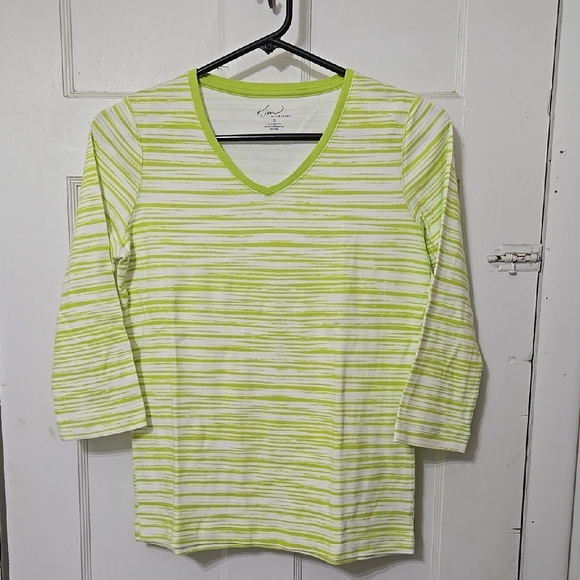 KIM ROGERS LADIES WOMENS LIME GREEN WHITE STRIPE PATTERN 3/4 SLEEVE SIZE SMALL - Picture 1 of 4